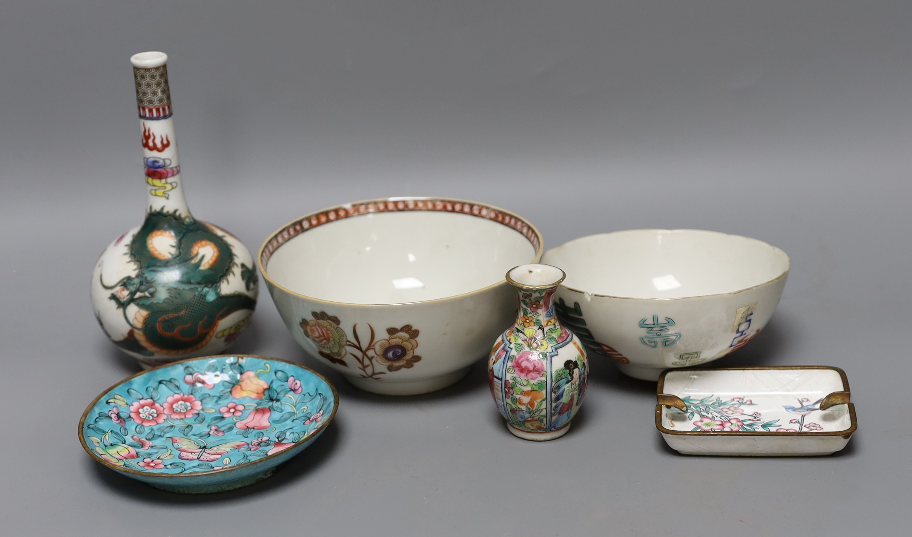 Two Chinese enamelled porcelain bowls and two vases and two Canton enamel dishes, 18th century and later, tallest 16 cm